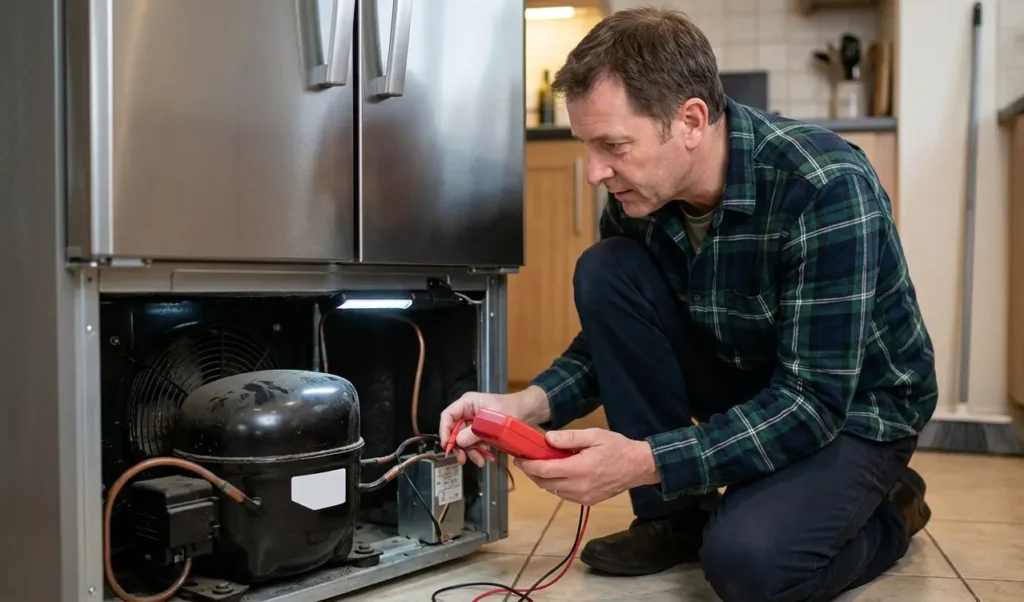 A man in a kitchen kneeling next to an open rear compartment of a stainless steel refrigerator. He is using a red multimeter to test the compressor and electrical components, diagnosing the source of a loud buzzing or humming noise.