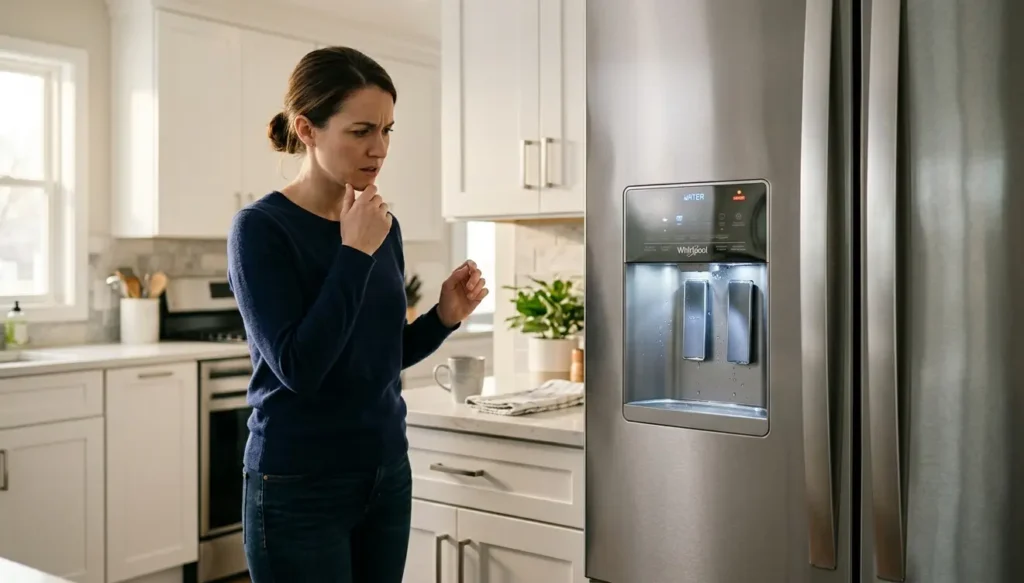 A medium shot of a confused woman standing in a modern, bright kitchen, looking thoughtfully at the water dispenser of a stainless steel Whirlpool refrigerator. No water is flowing from the dispenser, creating a subtle appliance repair atmosphere.