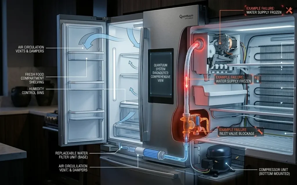A 3D technical cutaway illustration of a refrigerator, displaying labeled internal systems and highlighting a frozen water supply line and blocked inlet valve causing an ice maker malfunction.