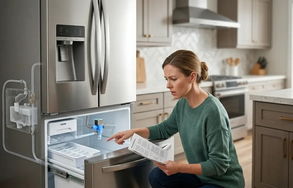 A woman in a green sweater holding a troubleshooting manual and pointing to a blue water valve inside an open stainless steel freezer drawer with an empty ice tray.