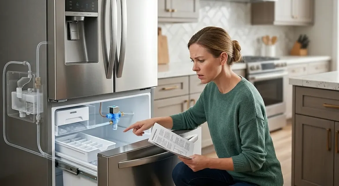 A woman in a green sweater holding a troubleshooting manual and pointing to a blue water valve inside an open stainless steel freezer drawer with an empty ice tray.