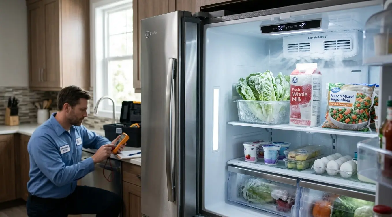 Modern GE refrigerator freezing food in the fresh food compartment with icy vegetables, frozen milk, and visible cold airflow from air vents inside the fridge.