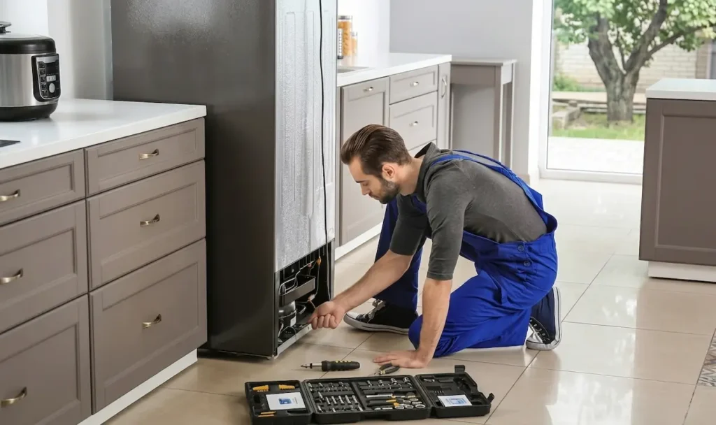 A professional technician in blue overalls kneels on a tiled kitchen floor, working on the lower back panel of a dark grey refrigerator to inspect or repair the compressor. An open black toolkit filled with various hand tools rests on the floor in the foreground.