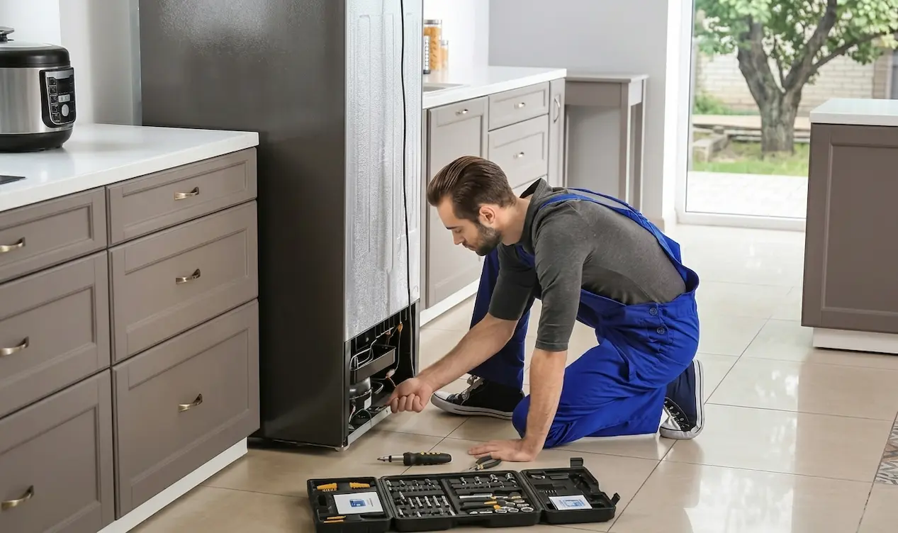 A professional technician in blue overalls kneels on a tiled kitchen floor, working on the lower back panel of a dark grey refrigerator to inspect or repair the compressor. An open black toolkit filled with various hand tools rests on the floor in the foreground.