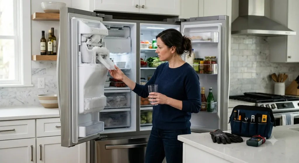 A concerned homeowner inspects a frost-covered ice maker dispenser inside an open French-door refrigerator, with an appliance technician's tool bag and gloves visible on the kitchen counter.