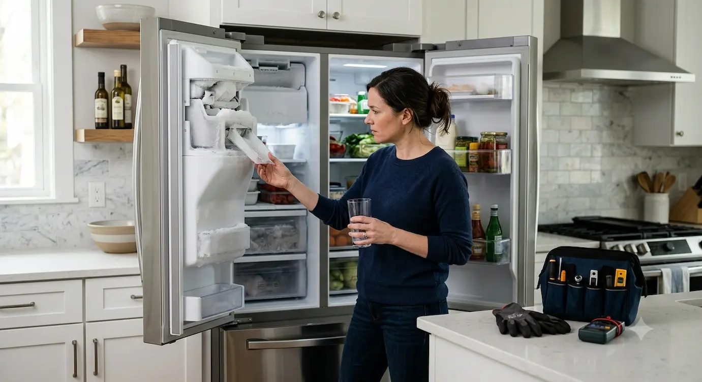 A concerned homeowner inspects a frost-covered ice maker dispenser inside an open French-door refrigerator, with an appliance technician's tool bag and gloves visible on the kitchen counter.