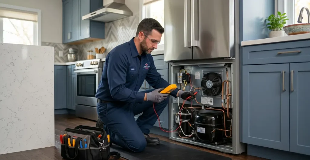 Appliance repair technician inspecting a refrigerator compressor in a modern kitchen to diagnose cooling issues and extend refrigerator lifespan.