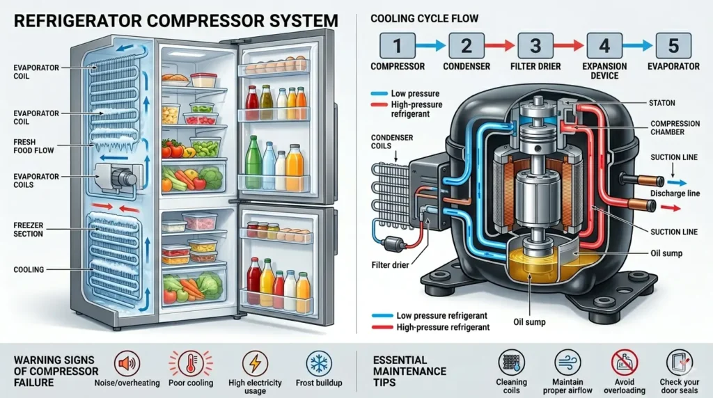 A detailed technical infographic illustrating a refrigerator compressor system, featuring a cutaway of the appliance on the left and a detailed schematic of the mechanical compressor unit internals on the right. It includes a cooling cycle flow chart, warning signs of failure, and essential maintenance tips.