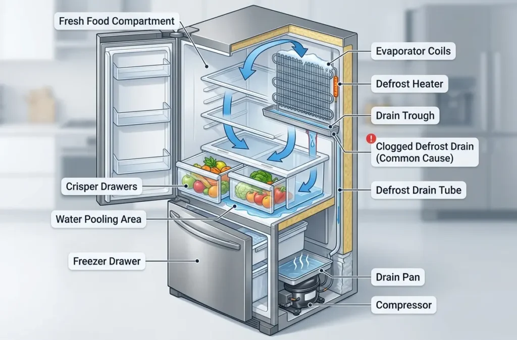 A labelled diagram of a refrigerator from refrigerator repair service Fargo, illustrating the causes and effects of a clogged defrost drain and water pooling.