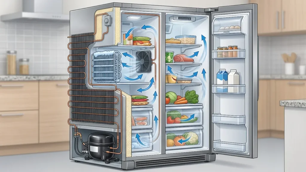 A detailed cross-section illustration of a modern refrigerator, showcasing internal mechanics like the compressor, cooling coils, and blue arrows tracing the airflow circulation.