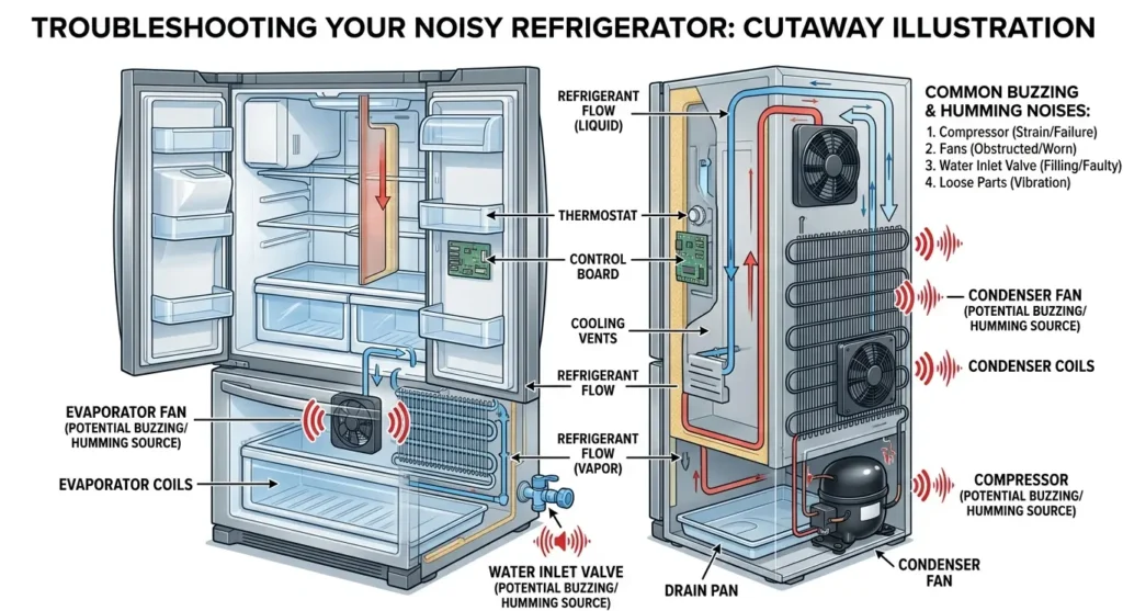 A detailed technical cutaway diagram of a refrigerator on a white background, clearly labeling components like the compressor, evaporator fan, and condenser fan with red soundwave symbols to identify noise sources.