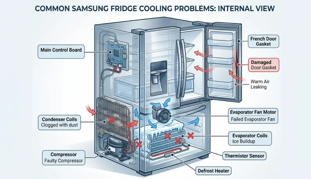 Cutaway illustration of a Samsung refrigerator showing evaporator fan failure, ice buildup on coils, dirty condenser coils, faulty compressor, and damaged door gasket causing cooling issues.