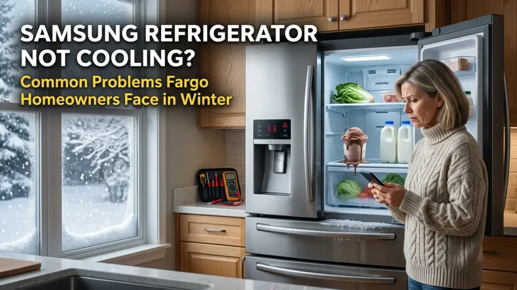 Modern Samsung French door refrigerator not cooling in a Fargo kitchen during winter, showing spoiled food, frost buildup, and a worried homeowner inspecting the appliance.