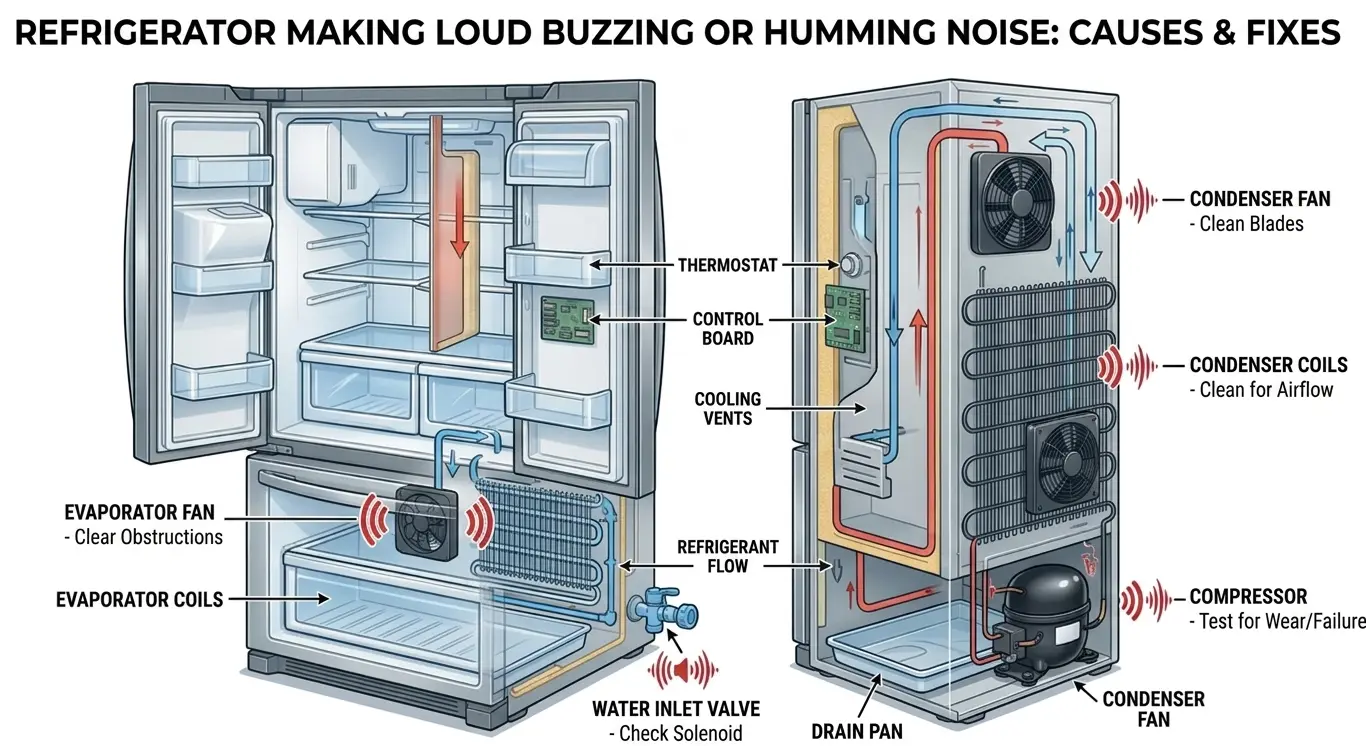 A detailed cutaway infographic of a refrigerator showing specific internal and external components that cause loud buzzing or humming noises, with actionable repair instructions. Key callouts include 'Evaporator Fan (Clear Obstructions)', 'Condenser Fan (Clean Blades)', 'Compressor (Test for Wear/Failure)', and 'Condenser Coils (Clean for Airflow)'