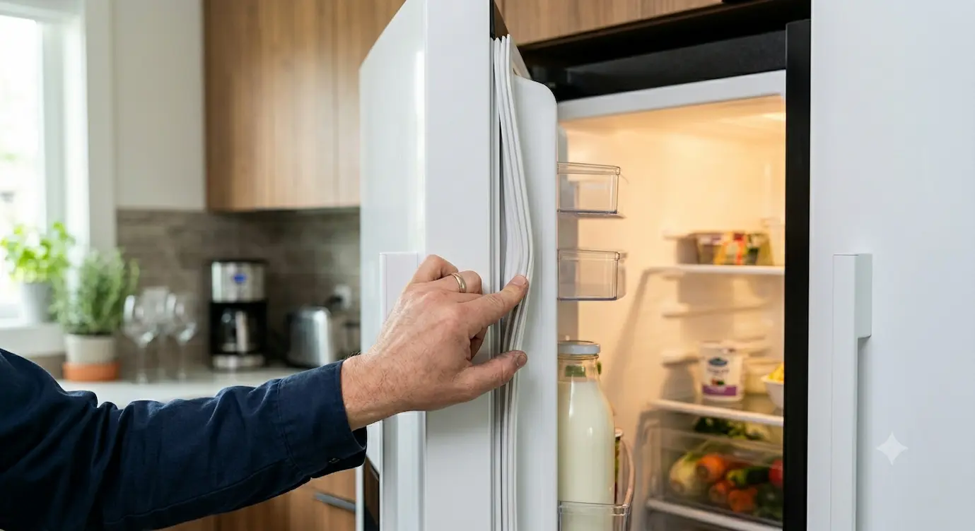 a technician fixing a refrigerator door seal that isn't sealing properly in a modern kitchen